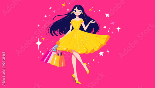 vector simple drawing girl with shopping bags standing in dress .Generative AI