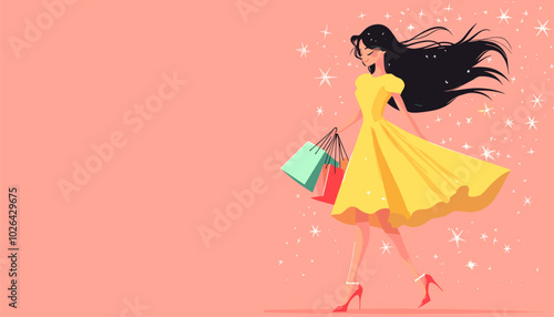 vector simple drawing girl with shopping bags standing in dress .Generative AI