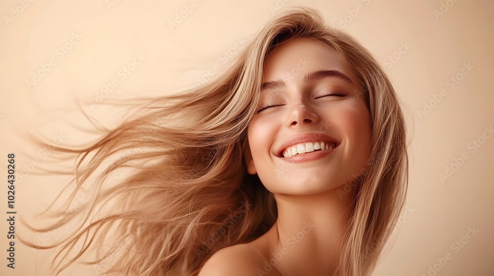 5. **Charming Hair Care Ad**: Create a captivating image of a young woman with beautifully styled blonde hair, smiling against a light pastel background. The scene should allow for plenty of empty 5. **Charming Hair Care Ad**: Create a captivating image of a young woman with beautifully styled blonde hair, smiling against a light pastel background. The scene should allow for plenty of empty