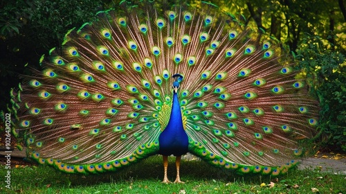 A colorful peacock strutting through a garden, its tail feathers fanned out in a dazzling display