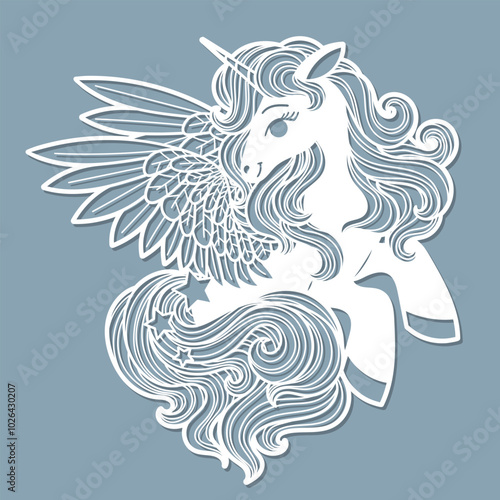 Cartoon unicorn with wings. Template for laser cutting from paper, cardboard, wood, metal. For design of postcards, interior elements, Christmas tree decorations, stickers, etc. Vector