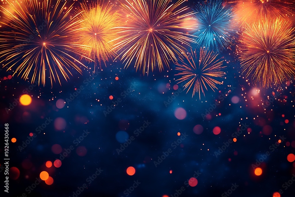 Fireworks display on a dark blue sky background. New Year celebration concept. : Generative AI Fireworks display on a dark blue sky background. New Year celebration concept. : Generative AI