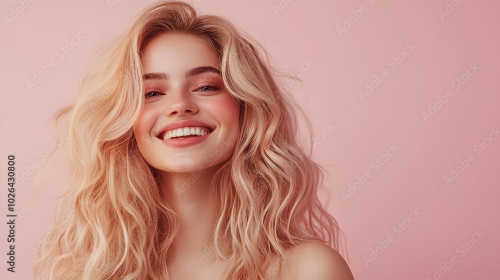 5. **Charming Hair Care Ad**: Create a captivating image of a young woman with beautifully styled blonde hair, smiling against a light pastel background. The scene should allow for plenty of empty 5. **Charming Hair Care Ad**: Create a captivating image of a young woman with beautifully styled blonde hair, smiling against a light pastel background. The scene should allow for plenty of empty