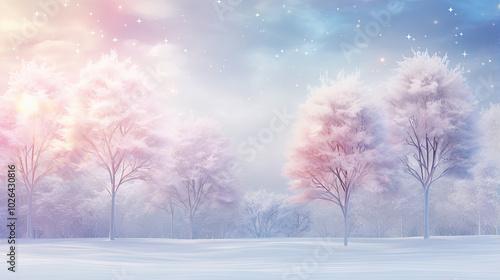 Winter landscape with trees in frost. Violet winter holidays background with frozen trees