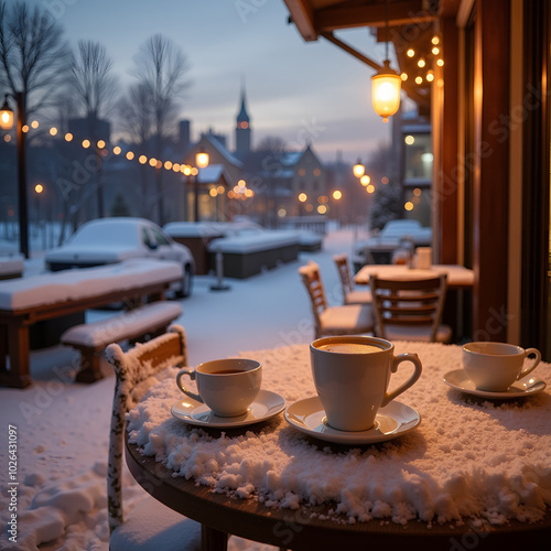 Warm winter café scene with steaming coffee and snow-covered outdoor seating
