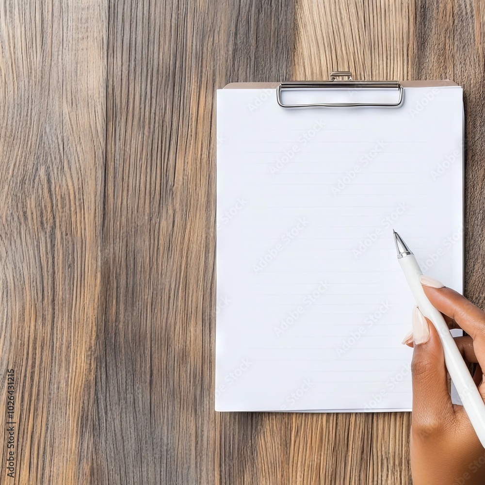 A hand holding a pen above a blank notepad on a wooden surface. A hand holding a pen above a blank notepad on a wooden surface.