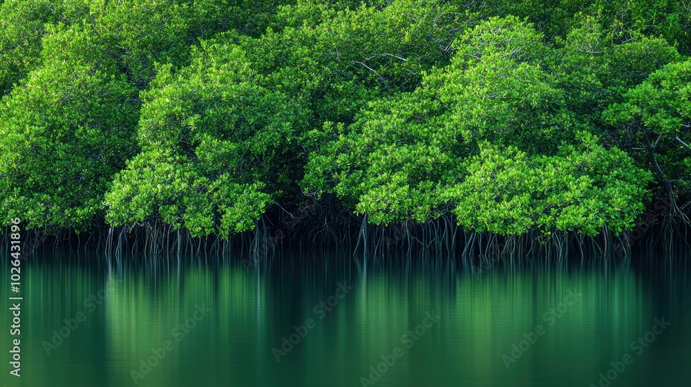 A dense mangrove forest with green roots reaching into the calm water, symbolizing ecological diversity. A dense mangrove forest with green roots reaching into the calm water, symbolizing ecological diversity.