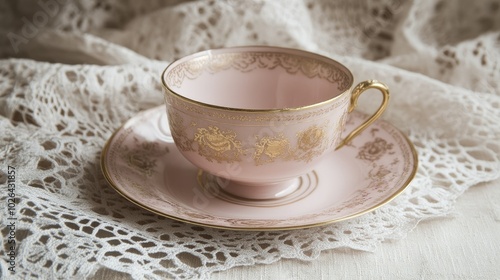 A delicate pink teacup and saucer set with gold accents, sitting on a lace tablecloth