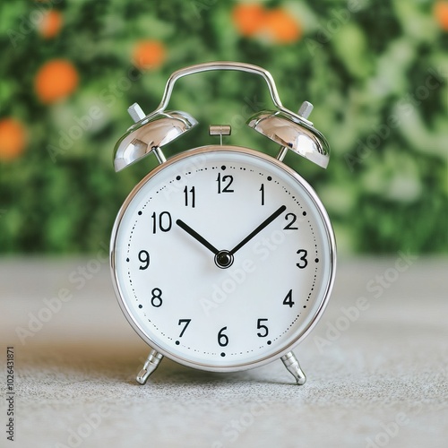 A classic silver alarm clock with a white face and black numerals.