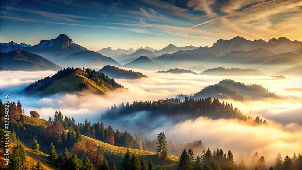 Fototapeta premium Panoramic foggy mountain landscape at dawn with misty mountains