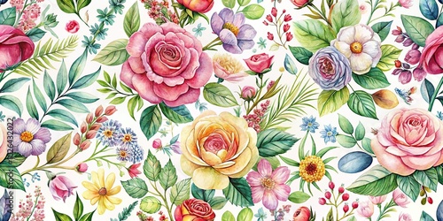 Fototapeta Naklejka Na Ścianę i Meble -  Panoramic floral watercolor pattern with garden flowers roses wildflowers leaves branches.