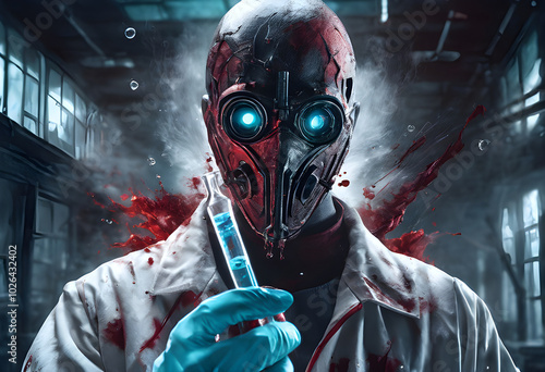 Ghost of a man in a bloodstained scientist uniform, holding a syringe in his hand in an abandoned laboratory