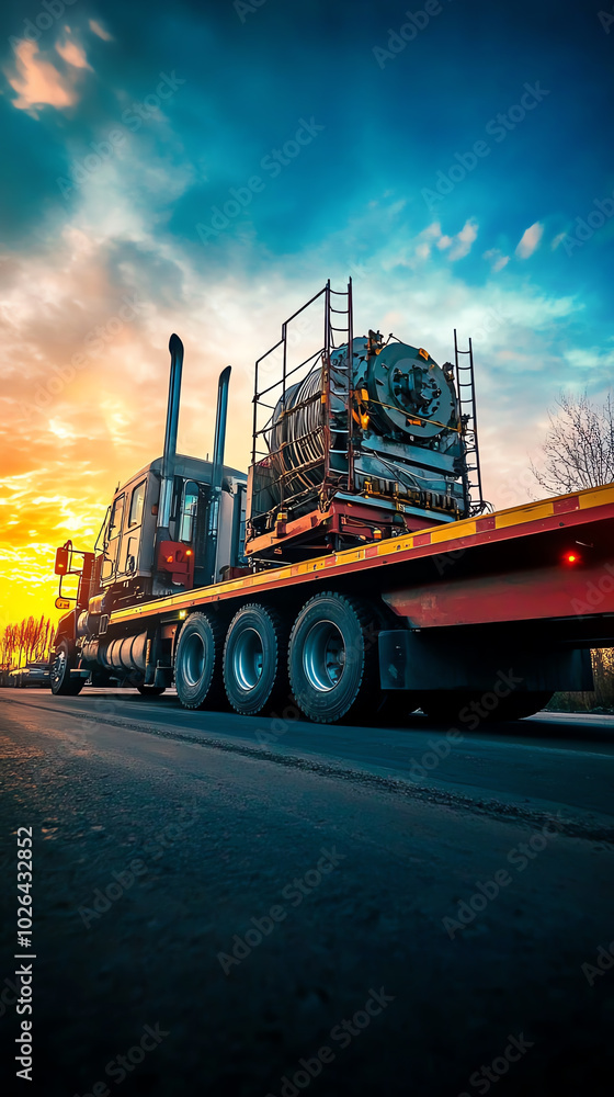 A side view of a heavyduty truck transporting oversized industrial equipment on a flatbed trailer A side view of a heavyduty truck transporting oversized industrial equipment on a flatbed trailer