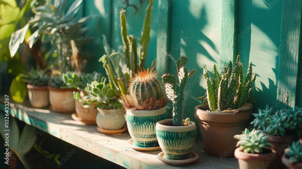 A vibrant display of potted succulents on a wooden shelf. A vibrant display of potted succulents on a wooden shelf.