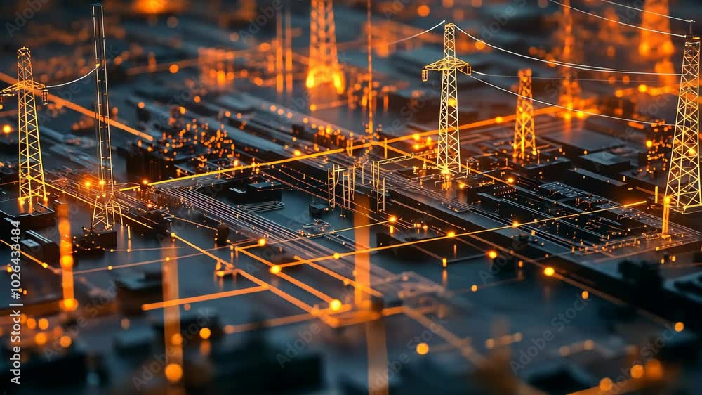 A digital illustration of a power grid, showcasing the complex network of power lines and towers
