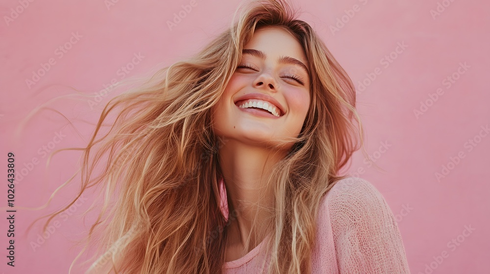 Fototapeta premium 4. **Joyful Beauty**: Capture a joyful moment with a smiling young woman showcasing her long, well-maintained blonde hair in front of a pastel flat background. The layout should feature plenty of