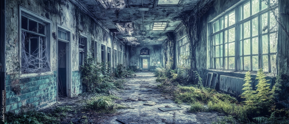 A long, empty hallway with a few windows A long, empty hallway with a few windows