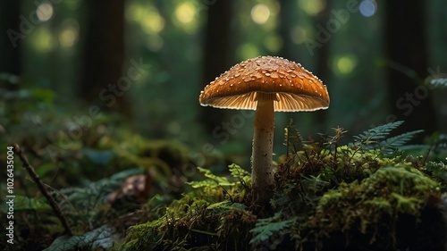 A vibrant mushroom, bathed in dappled light, stands tall in a dense forest, basking in the luminous glow, while the background creates a mesmerizing bokeh of colors.