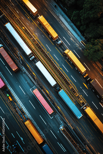 A highangle view of trucks crossing an international border checkpoint, transporting goods for global trade