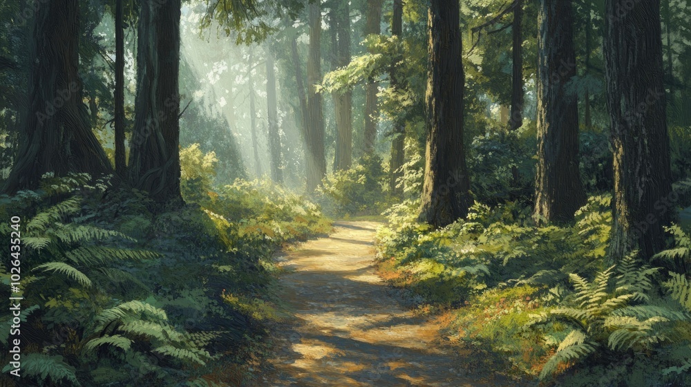 Obraz premium A forest path dappled with sunlight filtering through the trees, surrounded by green ferns and tall trunks.