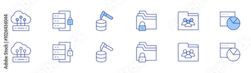 Data icon set in two styles, Duotone and Thin Line style. Editable stroke. data security, data, pie chart, cloud data, data protection, data mining