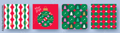 Set of Holiday Xmas seamless pattern with Christmas Tree, toys, snowflakes in trendy geometric style in red, green, pink, gold colors. Christmas design for season greeting card, banner, poster, print