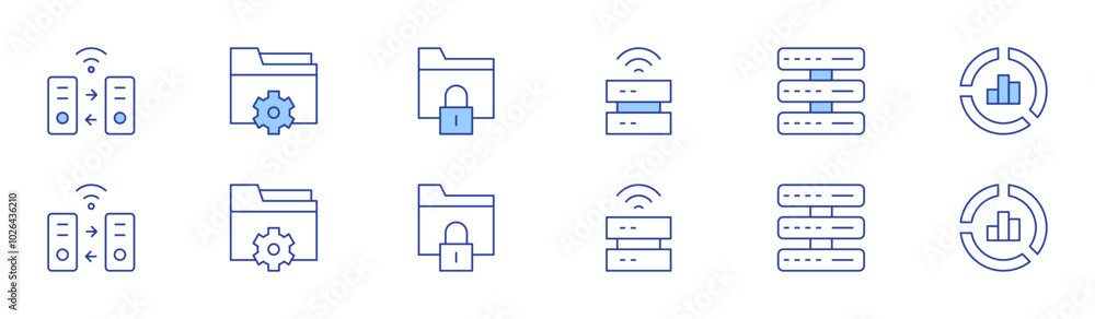 Data icon set in two styles, Duotone and Thin Line style. Editable stroke. data transfer, data storage, data management, servers, folder, donut chart Data icon set in two styles, Duotone and Thin Line style. Editable stroke. data transfer, data storage, data management, servers, folder, donut chart