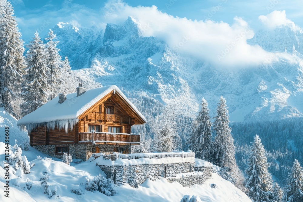 Wooden cabin nestled in a snowy mountain landscape with frosted trees.
Wooden cabin nestled in a snowy mountain landscape with frosted trees.