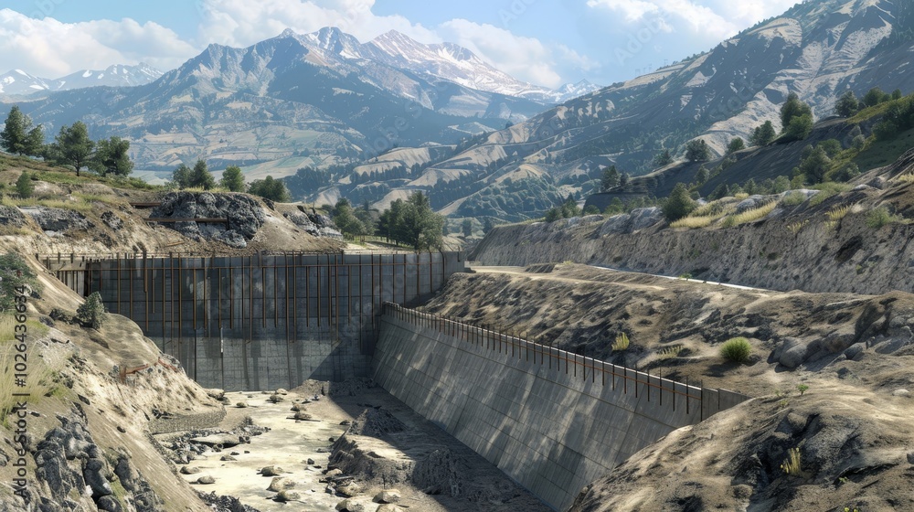 Concrete retaining wall under construction with rebar and soil stabilization in mountain terrain Concrete retaining wall under construction with rebar and soil stabilization in mountain terrain
