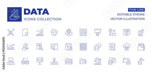 Data icons collection. Thin Line icons, editable stroke. data analysis, data transfer, data server, analysis, send, data collection, improvement, analytics, data, encrypted data