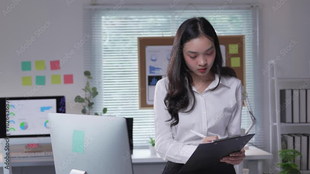 Businesswoman stands at a desk, working on a desktop computer while taking notes on a clipboard in a modern office setting Businesswoman stands at a desk, working on a desktop computer while taking notes on a clipboard in a modern office setting