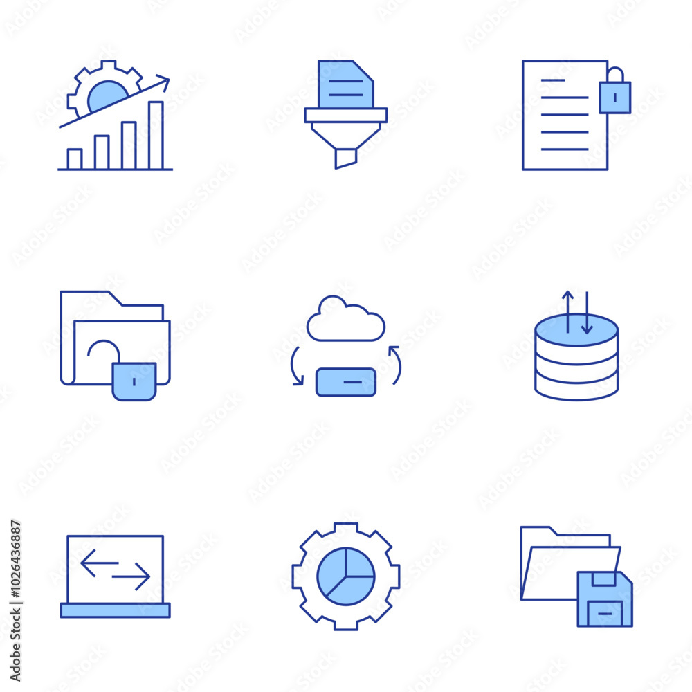 Data icons set. Line Duotone style, editable stroke. data transfer, unlocked, data analytics, data server, filtering, summary secret, graphic, save Data icons set. Line Duotone style, editable stroke. data transfer, unlocked, data analytics, data server, filtering, summary secret, graphic, save