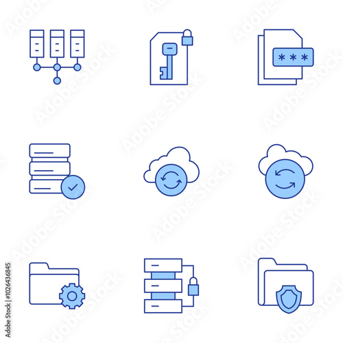 Data icons set. Line Duotone style, editable stroke. data server, data encryption, data management, cloud sync, server, encrypted data, protection, recovery