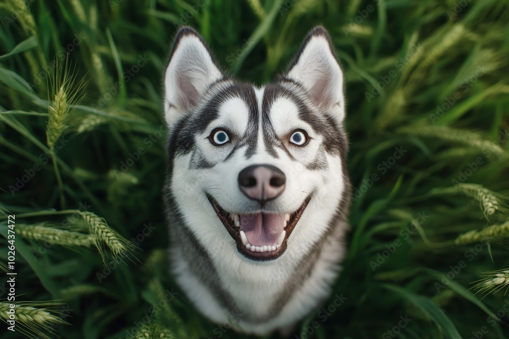 Close-up of a happy Siberian Husky with blue eyes in a green field.
Close-up of a happy Siberian Husky with blue eyes in a green field.