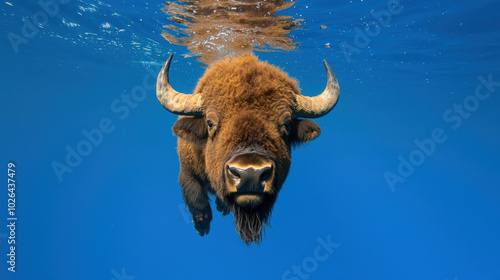 Diving American bison swimming in clear blue water, showcasing its powerful presence and unique features. This captivating underwater shot highlights beauty of wildlife