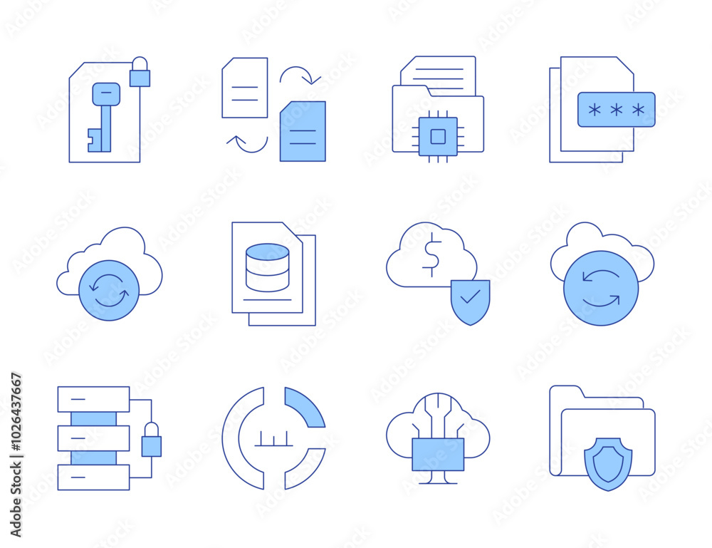 Data icons. Line Duotone style, editable stroke. data analysis, circular chart, data server, cloud sync, protection, recovery, cloud computing, cloud data Data icons. Line Duotone style, editable stroke. data analysis, circular chart, data server, cloud sync, protection, recovery, cloud computing, cloud data