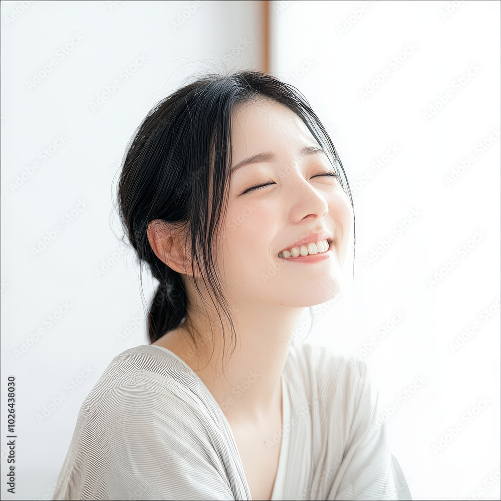 joyful Japanese woman smiles brightly, radiating happiness and warmth in softly lit room. Her relaxed expression and natural beauty create serene atmosphere joyful Japanese woman smiles brightly, radiating happiness and warmth in softly lit room. Her relaxed expression and natural beauty create serene atmosphere
