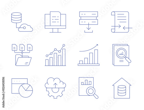 Data icons. Thin Line style, editable stroke. data analysis, cloud uploading, analytics, analysis, data warehouse, folder, pie chart