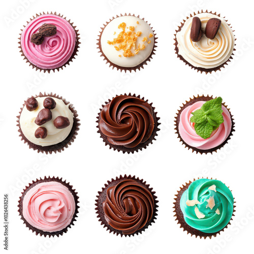 A top-view collection of assorted cupcakes featuring vibrant icing colors and intricate designs.