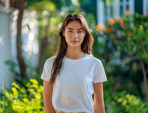 A Thai woman with long, straight hair, wearing a white t-shirt, poses against a backdrop of greenery and flowers at her home.