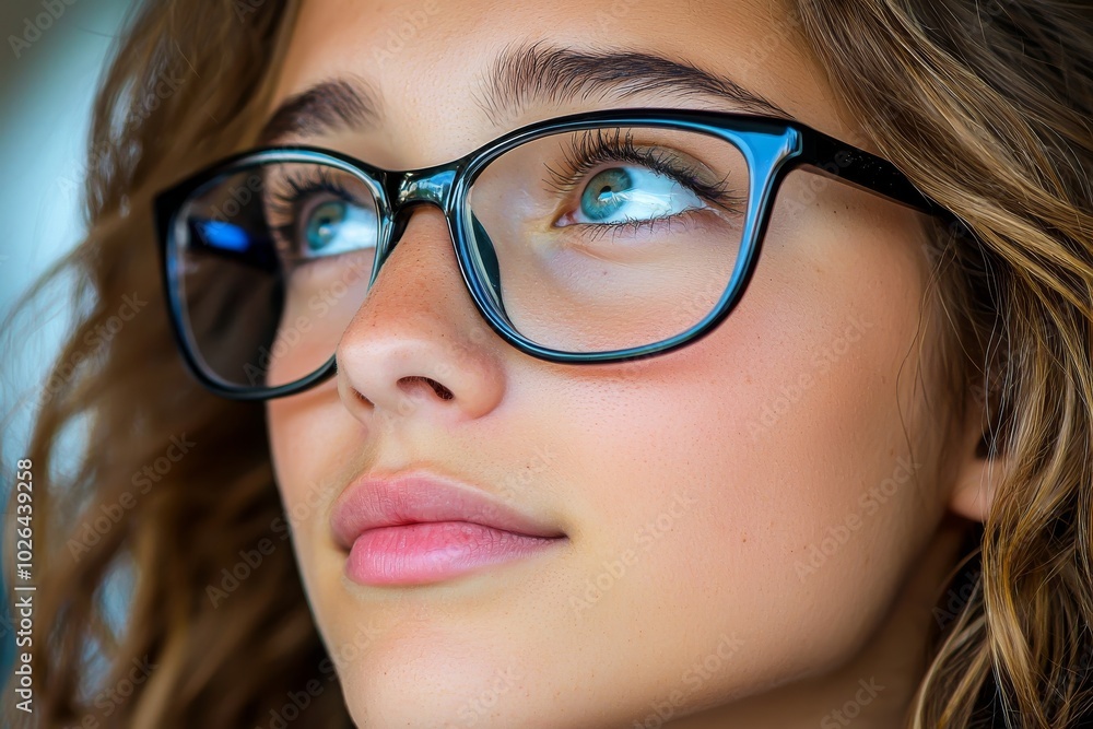 Close-up portrait of a young Caucasian girl with curly hair and glasses, gazing thoughtfully into the distance. Close-up portrait of a young Caucasian girl with curly hair and glasses, gazing thoughtfully into the distance.
