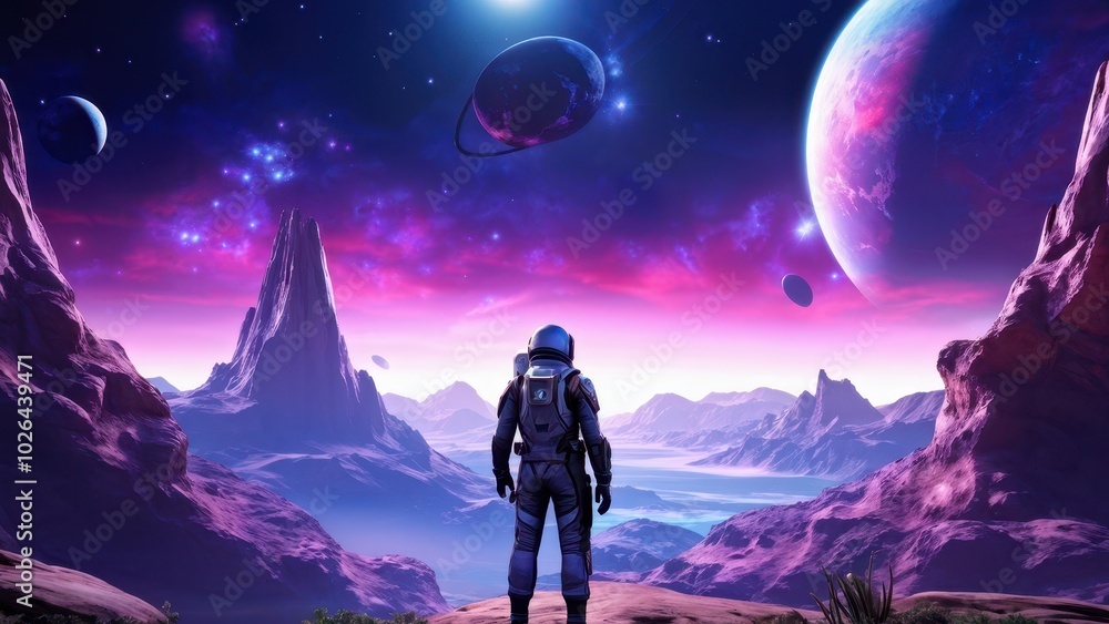 A futuristic astronaut gazes at a vibrant alien landscape with planets and colorful skies. A futuristic astronaut gazes at a vibrant alien landscape with planets and colorful skies.