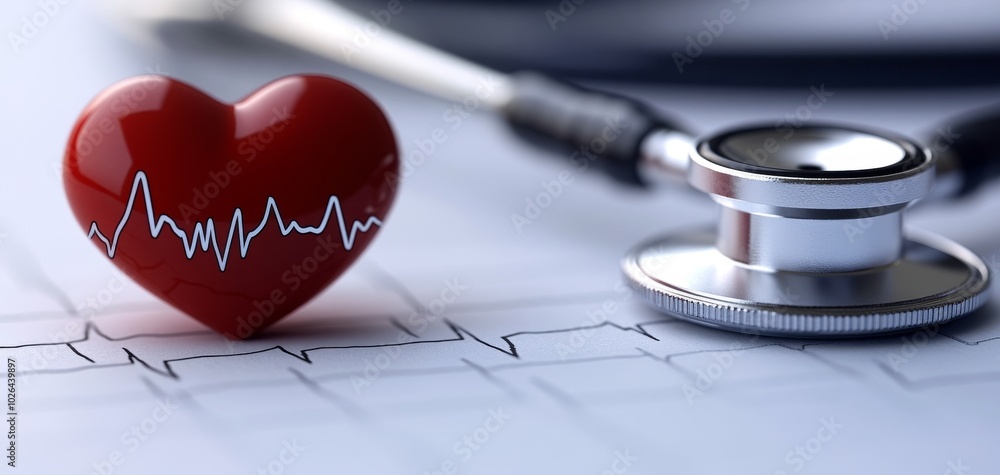 A red heart with an EKG line beside a stethoscope on a medical chart, symbolizing health and wellness monitoring. A red heart with an EKG line beside a stethoscope on a medical chart, symbolizing health and wellness monitoring.