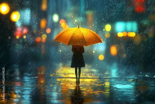 Wallpaper Mural A silhouette of a woman holding a bright yellow umbrella stands in the rain, surrounded by shimmering city lights. Torontodigital.ca