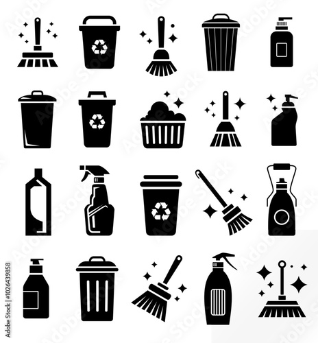 cleaning and washing icon set. vector eps icon of hygiene, cleaning, recycling, broom, housework, soap, garbage, mop, tidy, shiny, conceptual use.