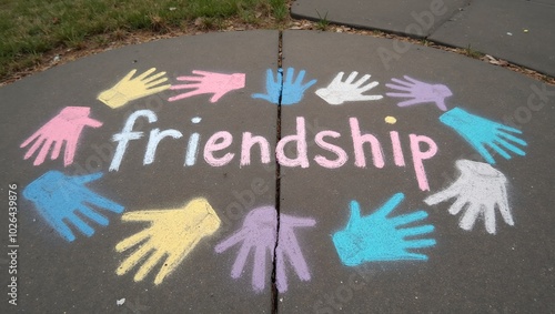 Colorful chalk drawing of friendship with hands on sidewalk photo