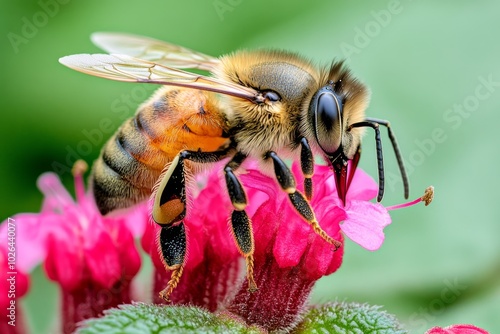 Close-up of a bee on a red dead-nettle flower, showing the interaction between the pollinator and the plant, with the beeâ€™s wings and the flowerâ€™s delicate petals in sharp focus