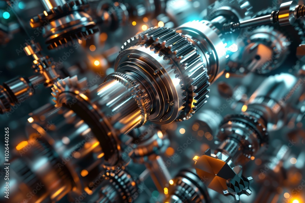 Futuristic Mechanical Parts with Floating Gears and Bolts under Sleek Metallic Lighting Futuristic Mechanical Parts with Floating Gears and Bolts under Sleek Metallic Lighting