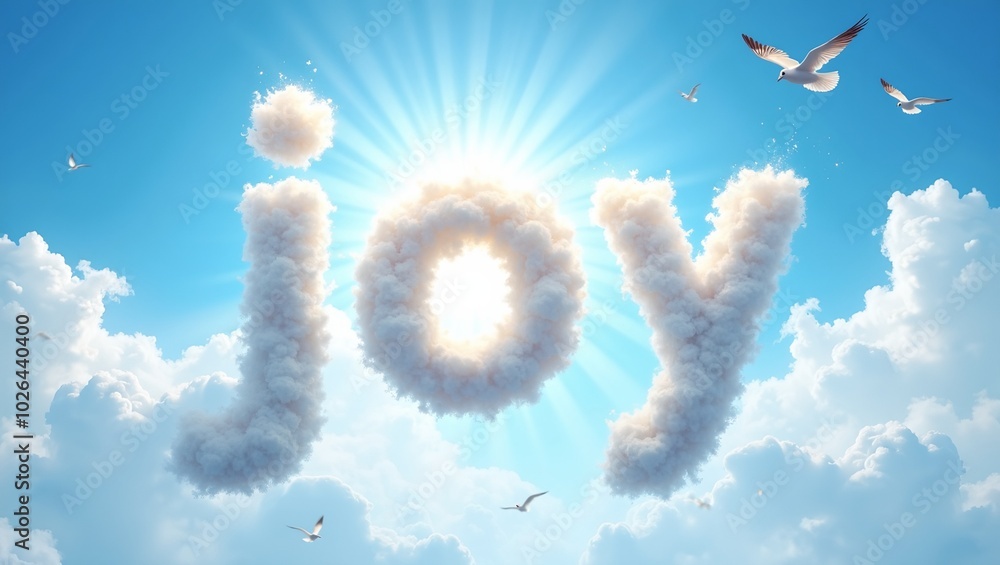 Naklejka premium Word joy in white clouds against blue sky with birds and warm glow