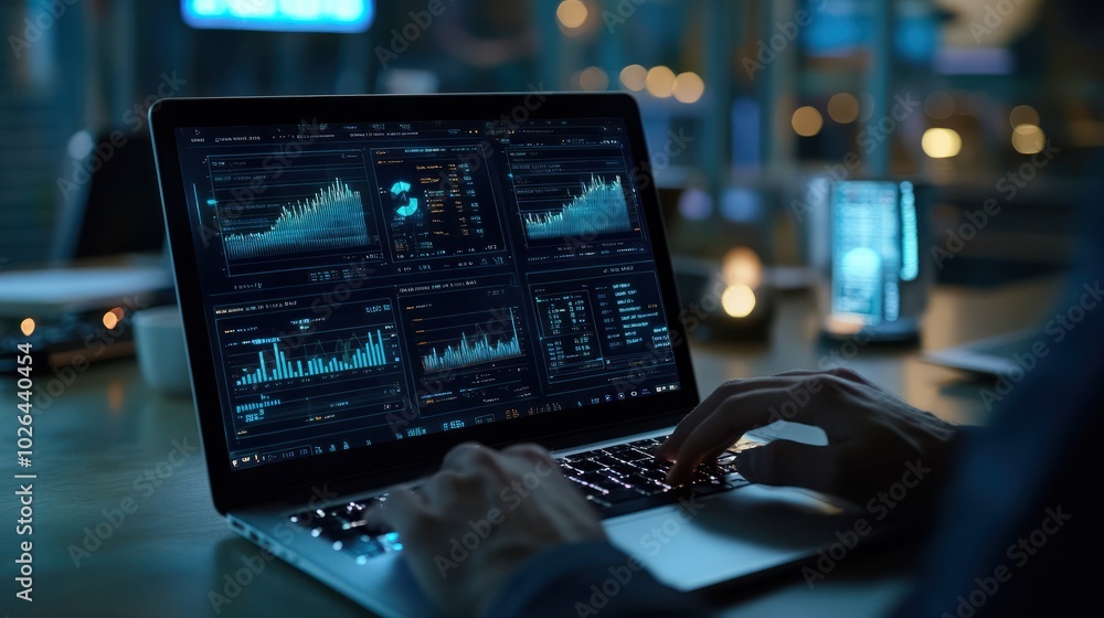 A person examines complex digital graphs and data overlay on a laptop screen in an office setting A person examines complex digital graphs and data overlay on a laptop screen in an office setting